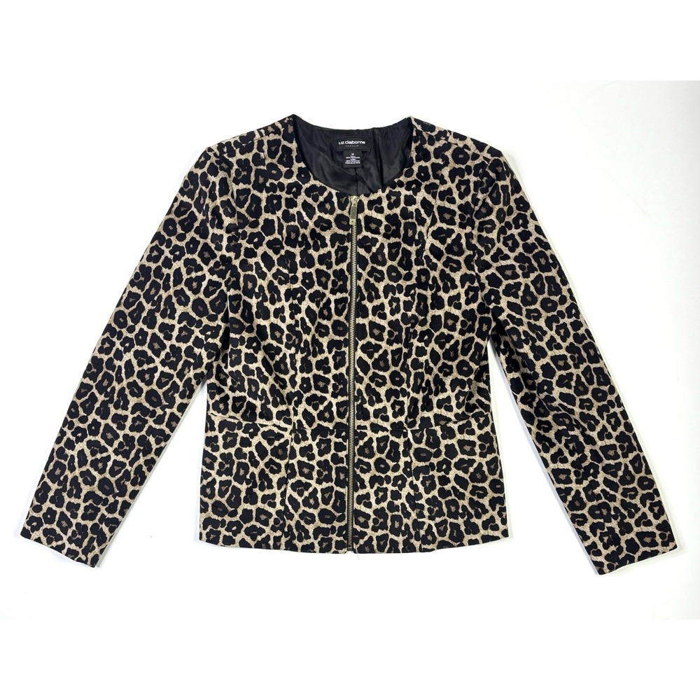 Liz Claiborne Jacket Women's Medium Leopard Print Zip Front Long Sleeve